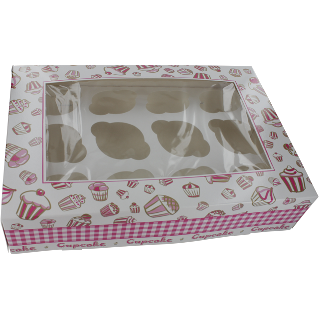  Cupcake vensterdoos, karton + PET, 360x250x80mm, wit/roze 1