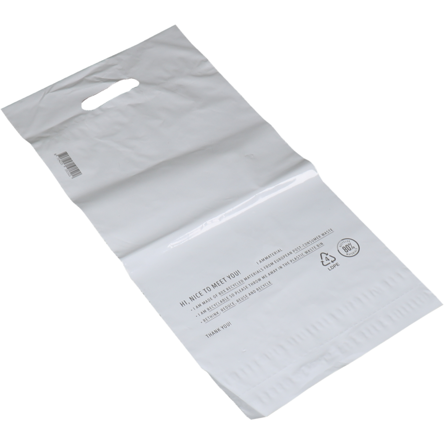 Sack, Verzendzak met handvat, Recyceltes LDPE, 25x35cm, 65my, weiß 1